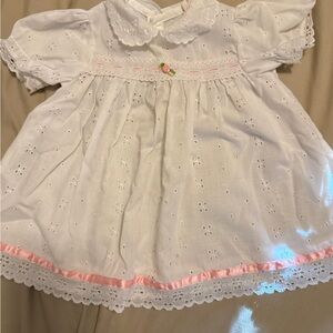 Vintage White Eyelet Baby Dress with Pink Accents